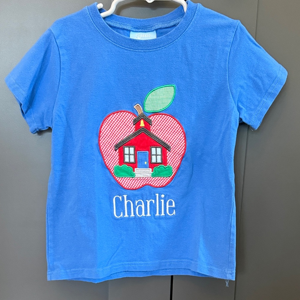 Classic Whimsy Embroidered Charlie School House Apple T-shirt